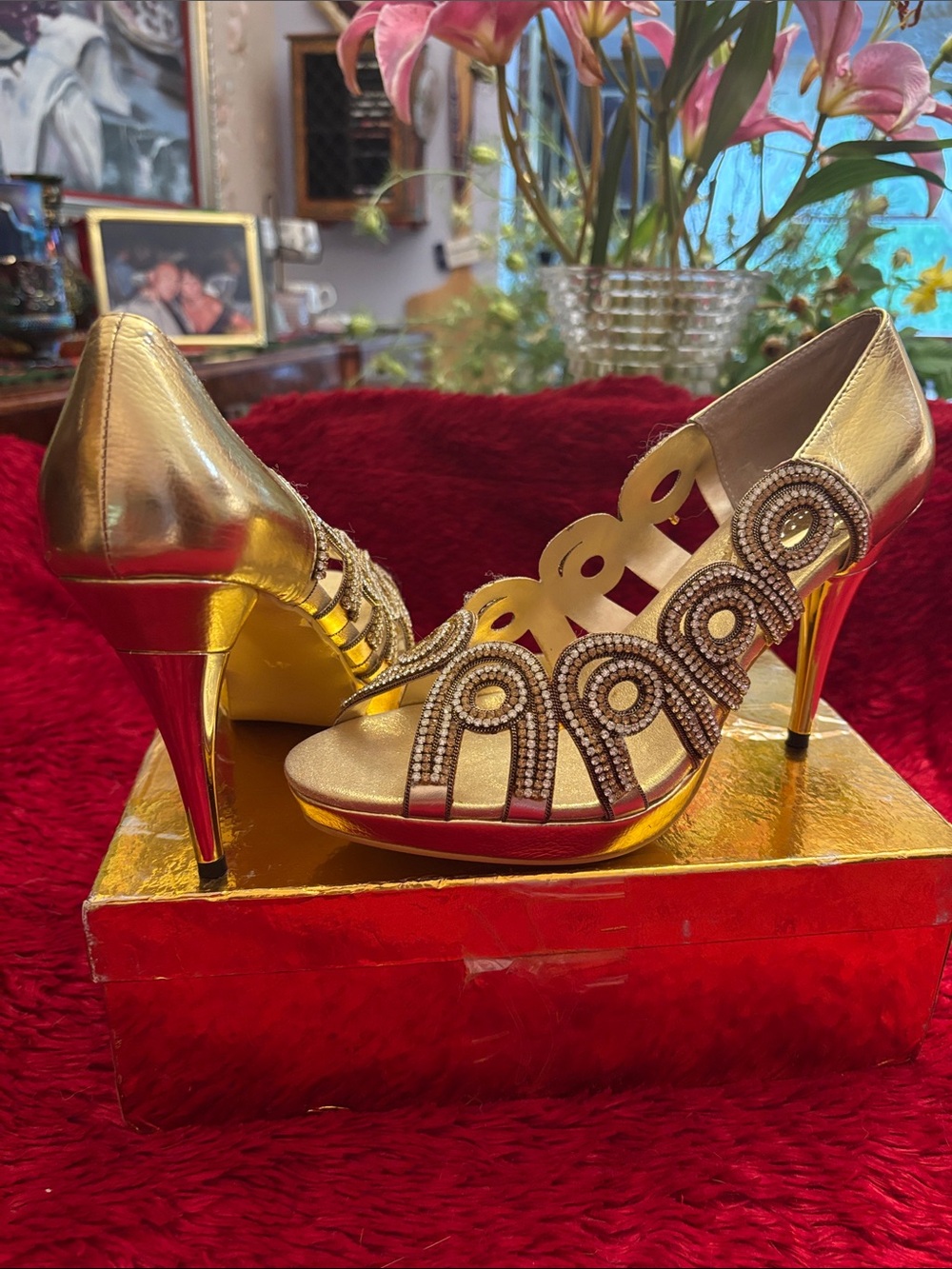 Gold Rhinestone Open-Toe High Heel Sandals for Women